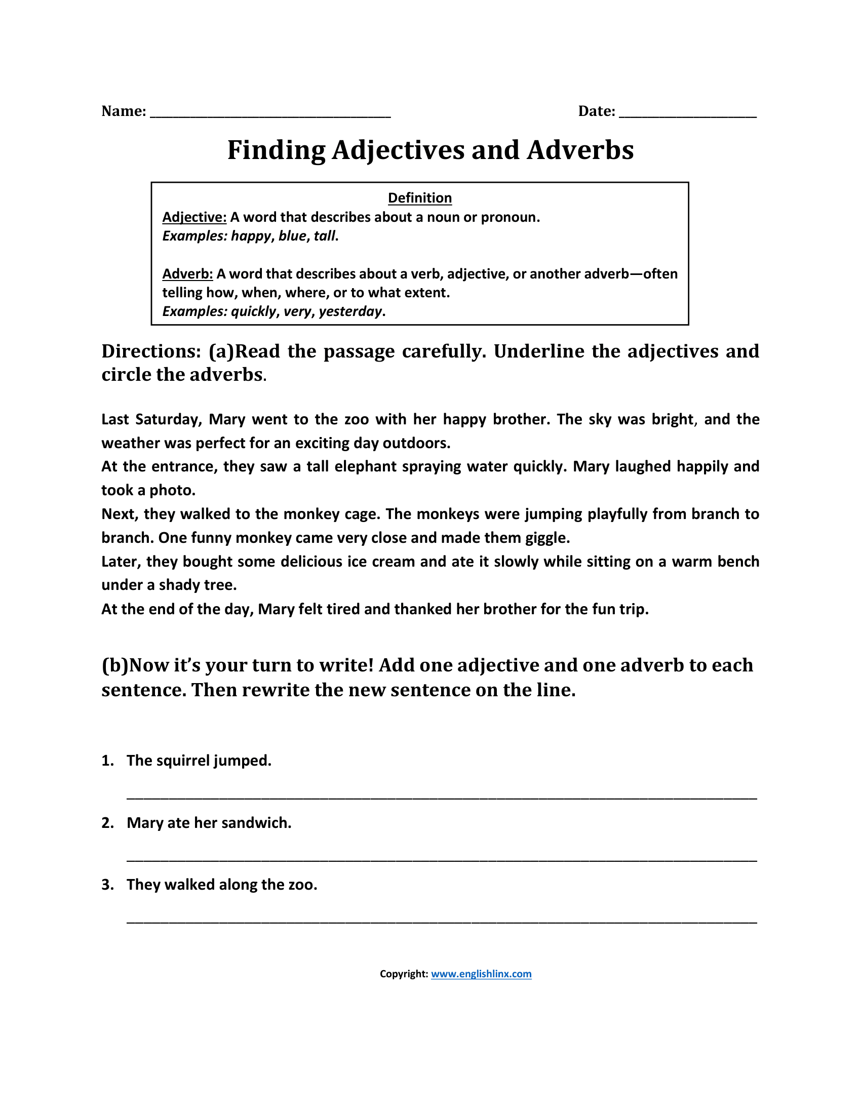 Finding Adjectives and Adverbs Worksheets